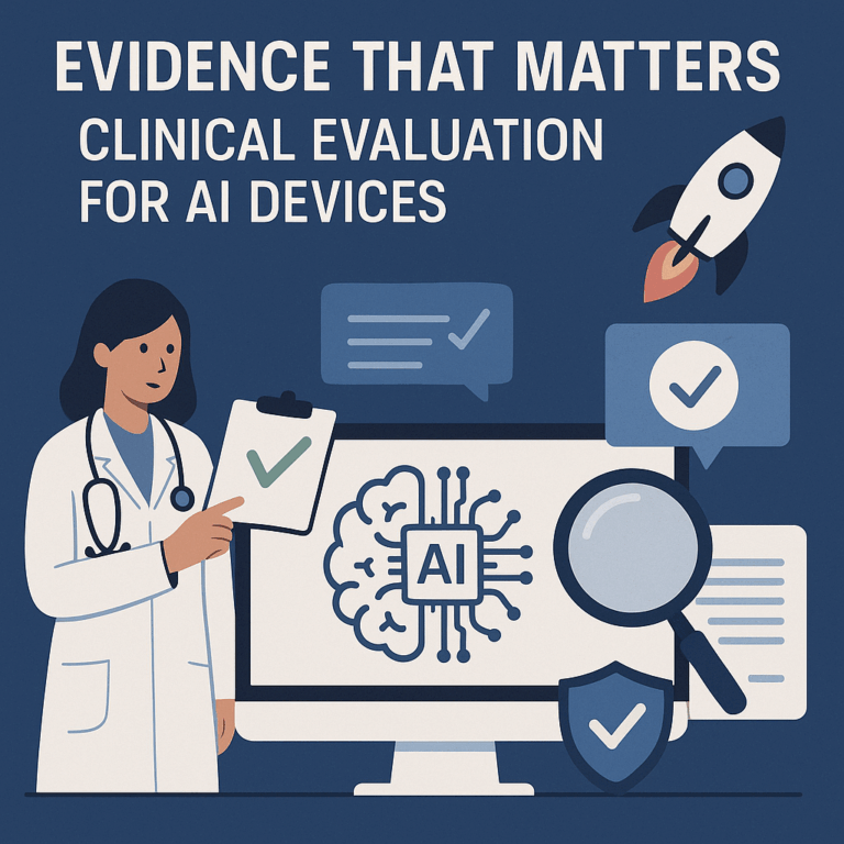 Medical professional presenting clinical evidence for AI devices; computer screen with AI symbol, checklist, and rocket icon representing innovation and regulatory validation.