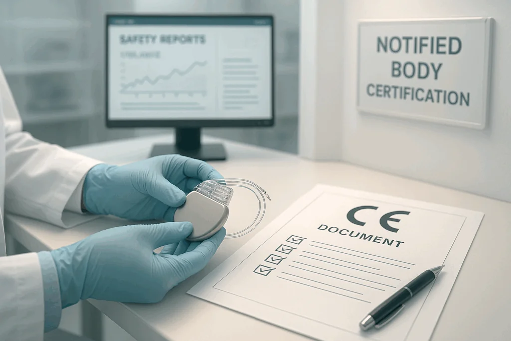 A medical device is being carefully inspected or tested by a technician in a lab.