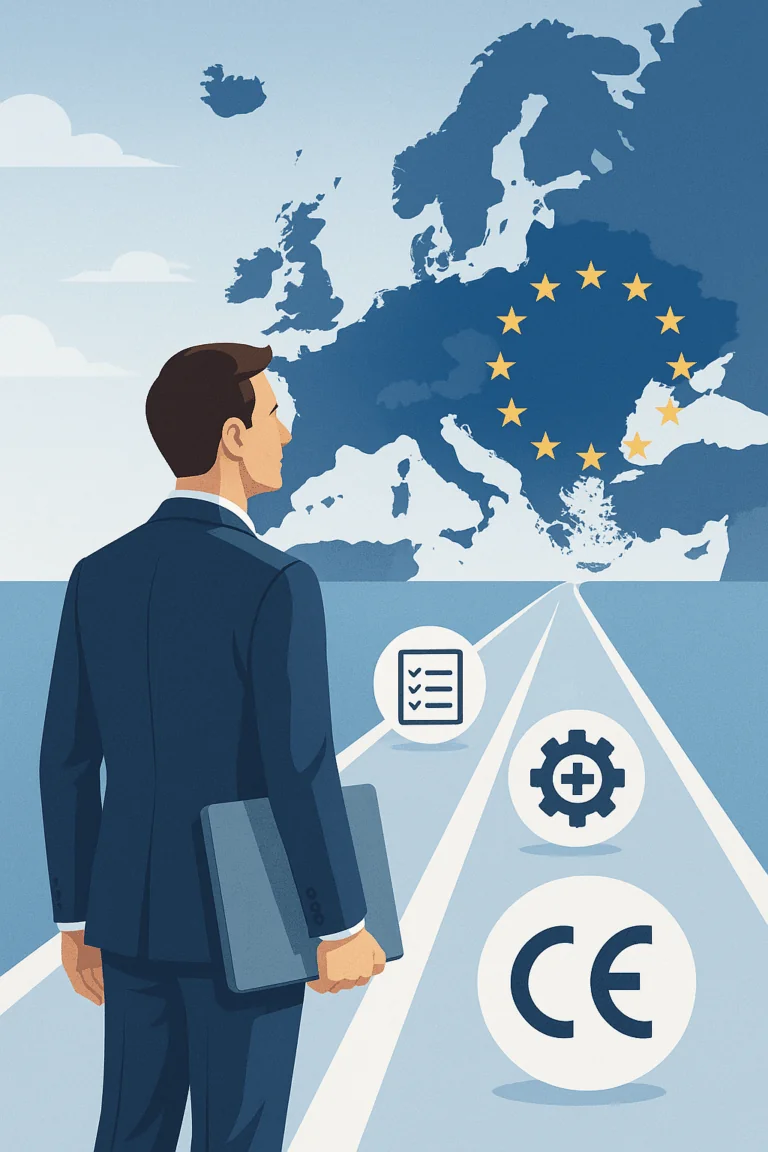 CE Certification CE Certification as the gateway to the European medical device market. The scene shows a symbolic path or road leading toward a stylized EU map
