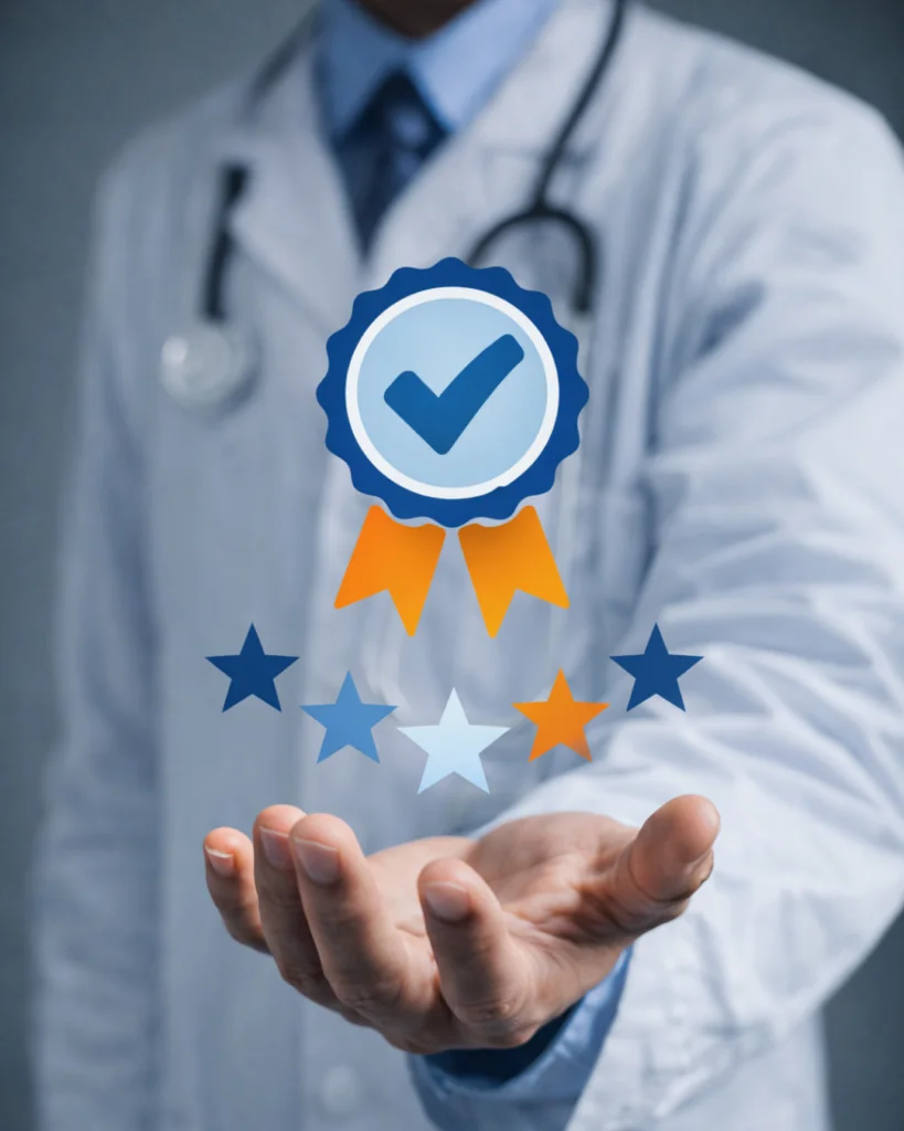 Clinical Evaluation process under MDR: quality seals and rating symbols represent the demonstration of safety, clinical performance, and a positive benefit–risk profile of medical devices in accordance with MEDDEV 2.7/1.