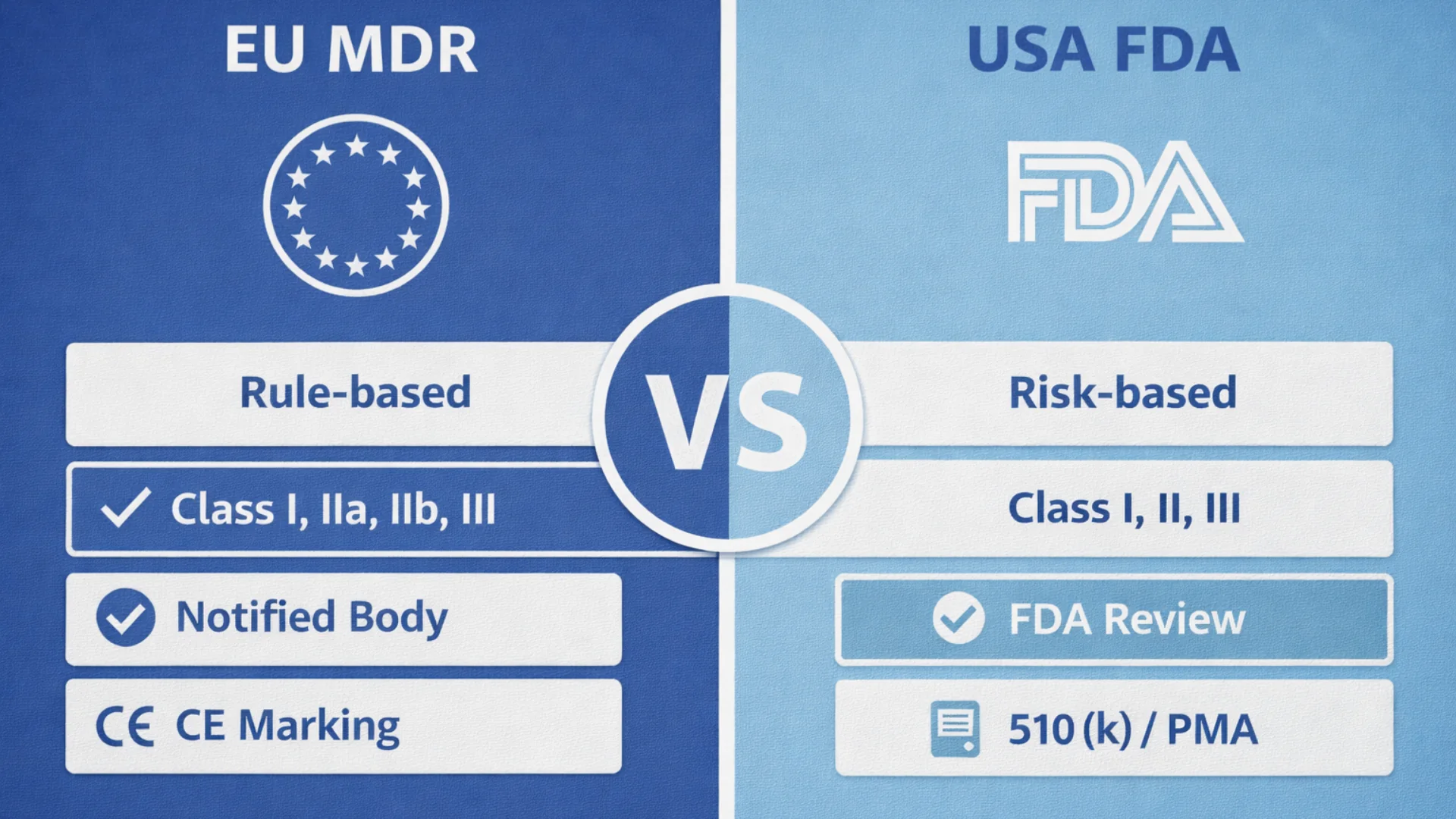Infographic comparing the classification of medical devices according to EU MDR and FDA with risk classes, CE marking, notified body, and FDA approval procedures.