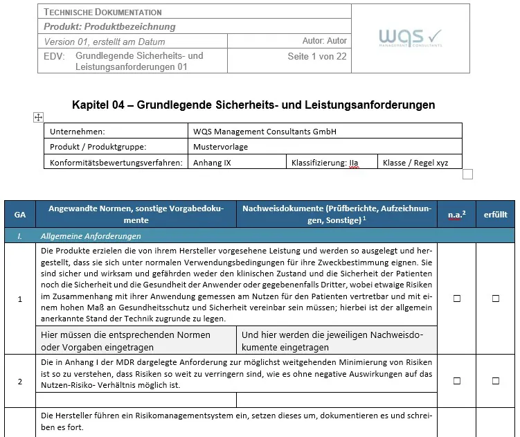 GSPR, Checklist of General Safety and Performance Requirements