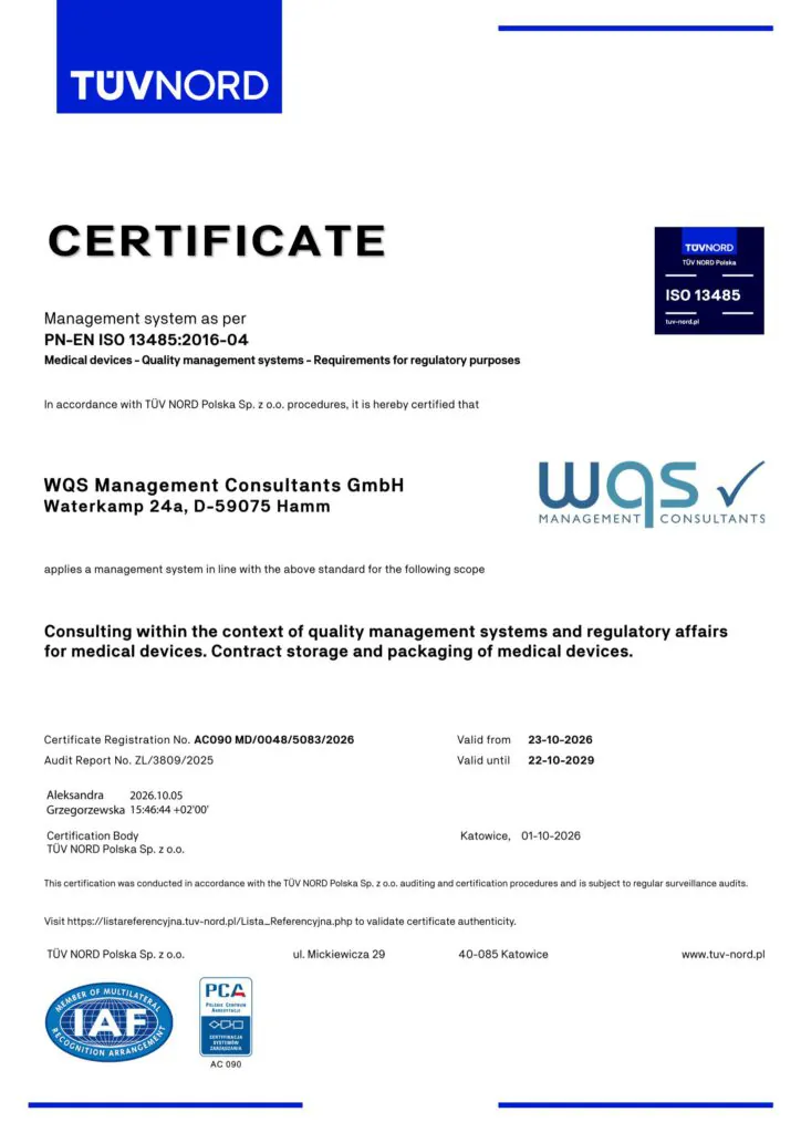 EN ISO 13485 Certificate Consulting QM and RA storage and packaging valid until 30.09.2029 1
