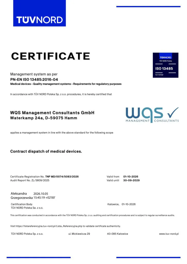 EN ISO 13485 Certificate Dispatch of medical devices valid until 30.09.2029 1